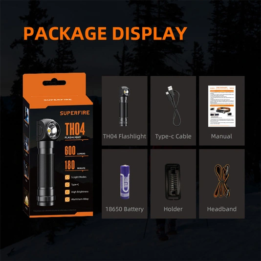 Superfire Đèn pha sạc góc phải TH04 18650 Đèn pha 90 độ