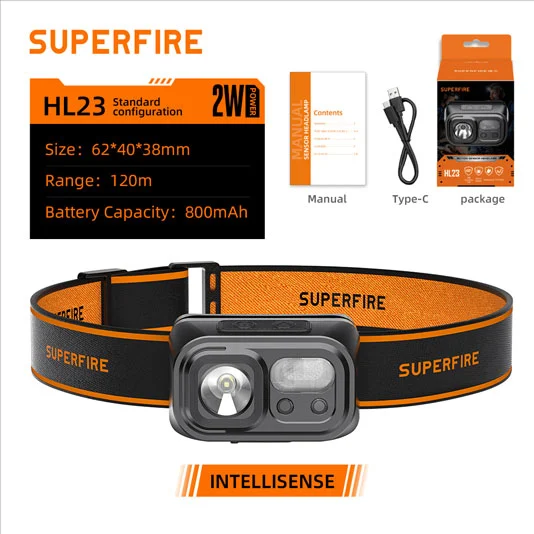 Superfire Đèn pha LED cảm biến sạc USB HL23/HL23-A/HL23-S